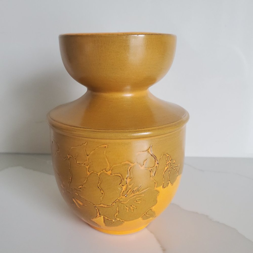 MCM Studio Pottery Vessel Embossed Floral Overlay Artisit Signed Smooth Glazed